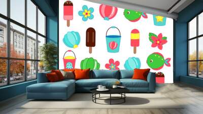 Children educational game. Find two same pictures of summer holidays objects Wall mural