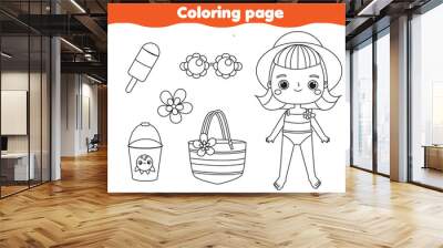 Coloring page with cartoon summer girl and beach objects. Drawing kids activity. Printable fun for toddlers and children Wall mural