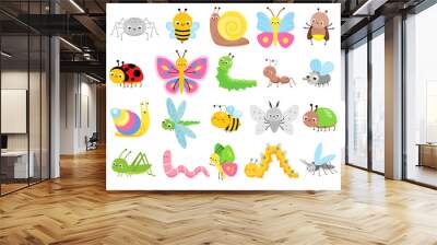 Cute insects. Big set of cartoon insects for kids and children. Butterflies, snail, spider, moth and many other Wall mural