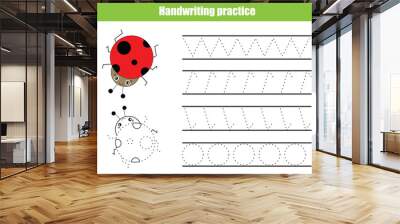 Handwriting practice sheet. Educational children game, printable worksheet for kids. Writing training, tracing lines. Wall mural