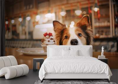 adorable border collie dog begging for a cupcake in a cafe Wall mural