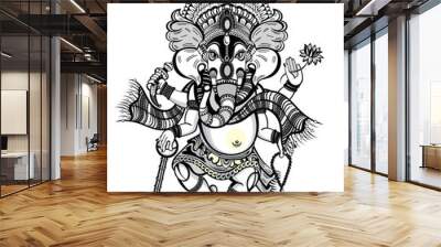 Lord Ganesha illustration.Indian Hinduism god lord Ganesha Vector black and white clip art illustration. Indian god Ganpati black and white line drawing wedding clip art and symbol. Wall mural