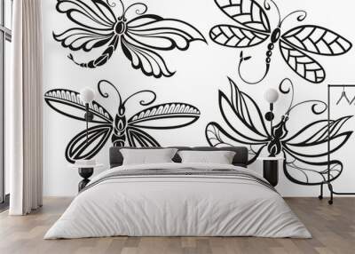 Vector group of dragonfly sketch on white background Wall mural