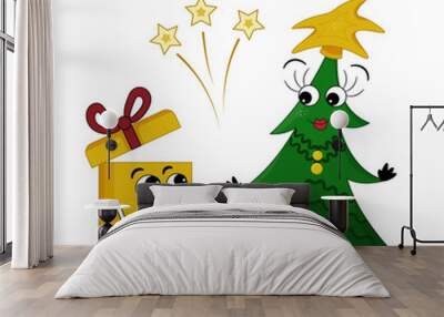 Character cute gift and character Charismatic Christmas tree. Funny hand drawn vector illustration. Cheerful cartoon characters celebrate New Year with fireworks. Wall mural