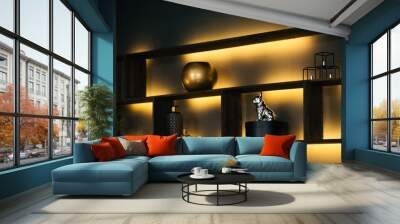 The interior of a modern apartment in black with yellow lighting. Beautiful interior decor Wall mural