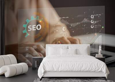 Website admins using SEO tools to get their websites ranked in top search rankings in search engine. Website improvement concept to make search results higher. Wall mural