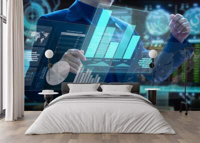 Businessman holding futuristic virtual modern computer augmented reality touch screens analysing on investment risk management and return on investment analysis Wall mural