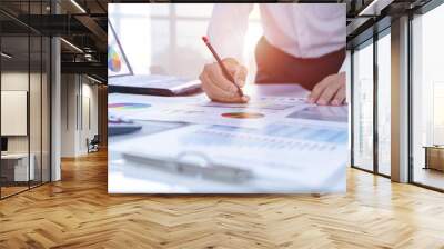 Businessman in the office reviewing financial reports for a return on investment or investment risk analysis in a warm morning light. Wall mural