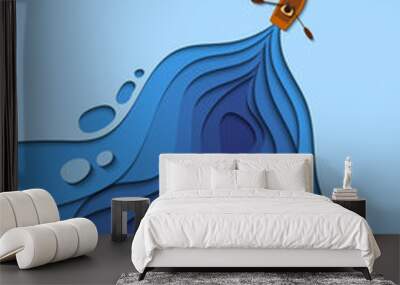 Illustration of a man rowing boat on a blue water surface in paper cut effect. Design for book covers, presentation or other prinings. Upper copy space included. Wall mural