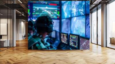 A ground control station: technicians and pilots remotely operating a combat drone on multiple screens Wall mural