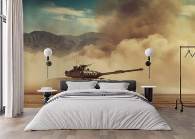 A low-angle shot of an Military tank M1 Abrams charging across a vast desert landscape Wall mural