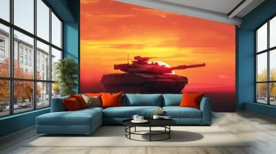 A photorealistic image of an Military tank M1 Abrams silhouetted against a fiery desert sunset Wall mural