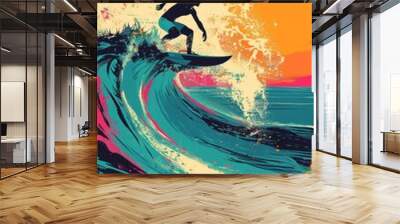 A pop art interpretation of a surfer riding a turquoise wave, with exaggerated lines, simplified details, and a vibrant sunset Wall mural