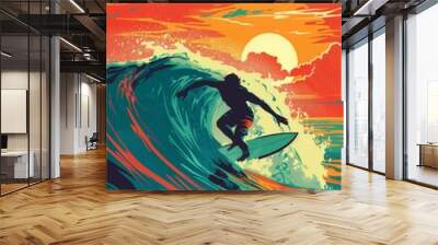 A pop art interpretation of a surfer riding a turquoise wave, with exaggerated lines, simplified details, and a vibrant sunset Wall mural