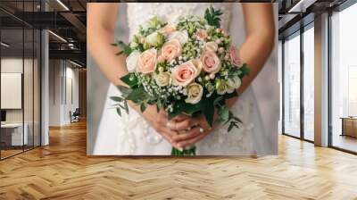 Bridal Elegance in Bloom, a bride gracefully holding a vibrant bouquet amidst a romantic setting, soft hues create an enchanting atmosphere, ample space for text integration. Wall mural