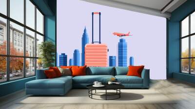 Cheerful cartoon-style business trip illustration with city skyline, suitcase, airplane on white background with copy space, front view, deep depth of field. Wall mural