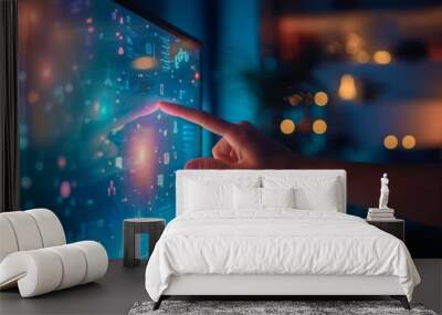 female hand touching smart device with computer icons Wall mural