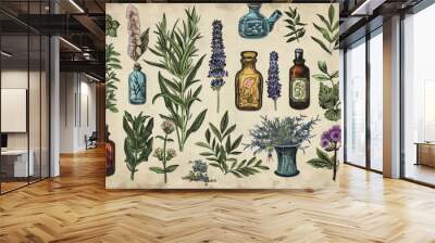 Vintage botanical illustration style top-view of a spa collection: detailed drawings of herbs, apothecary bottles, and a sense of scientific wonder Wall mural