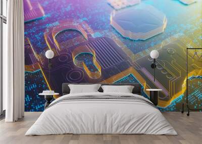 3d illustration. digital embossed padlock, digital security image concept. Wall mural