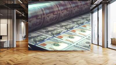 Printing US dollar bills. Concept of United States economy, buying and selling banknotes in the worldwide. Global finance and business. Wall mural