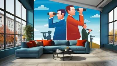 Business people stand on top of the hill using .binoculars looking for success, opportunities, future business trends. Wall mural