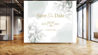 Save the date card. Wedding invitation template, with watercolor green leaves and handmade calligraphy. Minimalism style. Wall mural