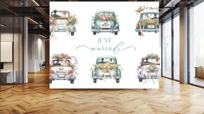 Set of hand drawn watercolor wedding car isolated on white background. Wall mural