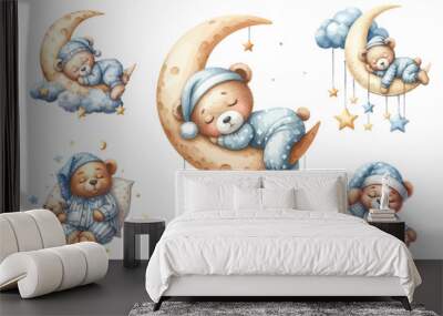 Set of watercolor sleeping bear on moon and cloud. Wall mural