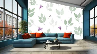 Simple and cute watercolor floral seamless pattern. Spring branches and leaves. Wall mural