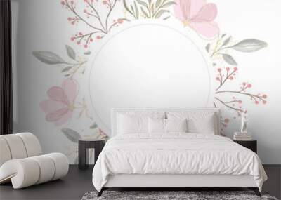 Vector round frame with watercolor flowers and leaves on white background in pastel colors. Wall mural