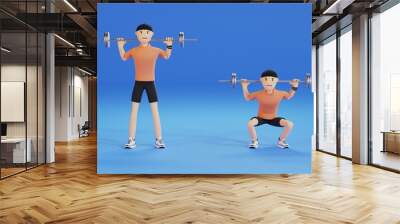 3D cartoon character Man doing weightlifting and cardio exercises isolate blue background,weightlifting dumbbells , Healthy lifestyle concept - 3D render illustration Wall mural