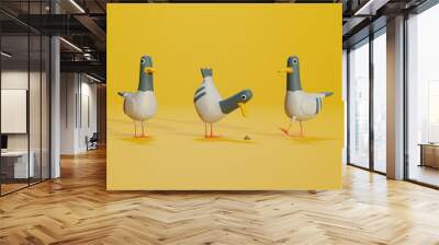 Pigeons on the street isolated on yallow background - 3D illustration Wall mural