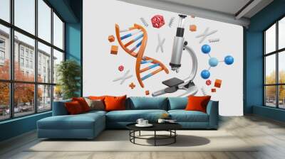 Science elements atomic bottle DNA molecule plat of bacteria, paper and microscope research on background - 3D render illustration Wall mural