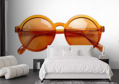 Three different pairs of sunglasses isolated on a green background, including blue mirrored aviator sunglasses, round orange sunglasses, and round grey sunglasses. Wall mural