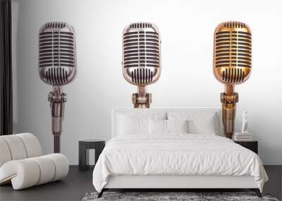 Three vintage microphones, one silver, one chrome and one gold Wall mural