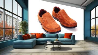 Brown leather men's fashion shoes on white background Wall mural