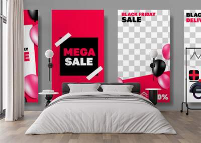 social media template banner for black friday and cyber monday. fully editable instagram and facebook square frame puzzle organic sale. pink red vector background Wall mural