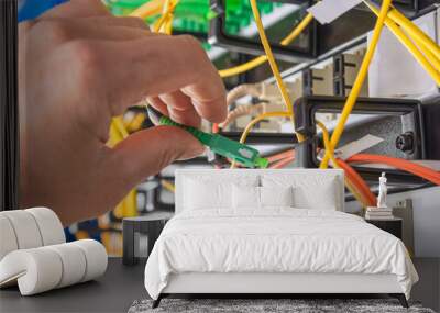 hand of technician plugging in fiber cable into server switch Wall mural