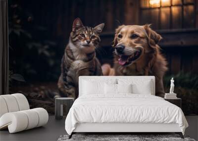 dog and cat outdoor happy Wall mural