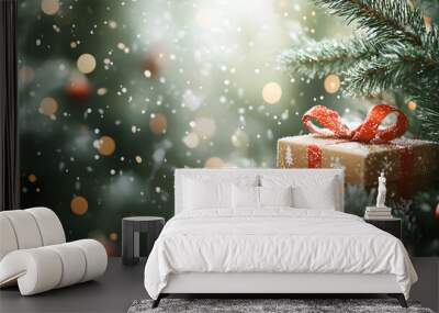 Christmas backgrounds with Christmas gift boxes, sparkling bokeh, and christmas tree branches.  Wall mural