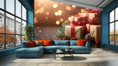 Christmas backgrounds with Christmas gift boxes, sparkling bokeh, and christmas tree branches.  Wall mural