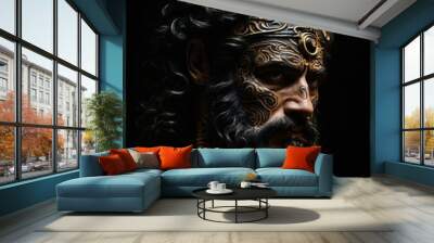 realistic tattoo design of a greek god's head, high level of detail, high contrast, dark black and gold realism, black background Wall mural