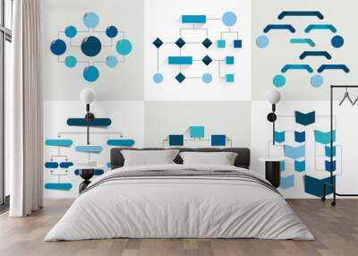 Flowcharts. Set of 6 flow charts schemes, diagrams. Simply color editable. Infographics elements. Wall mural