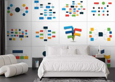 Fowcharts schemes, diagrams. Mega set. Simply color editable. Infographics elements. Wall mural