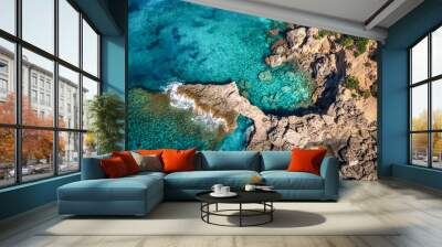 Beautiful summer seascape from air. Turquoise sea water with waves and rocks from top view, Islands of sardinia in Italy Wall mural