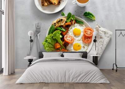 Breakfast table Breakfast plate fried eggs vegetables mushrooms toast top view healthy table Wall mural