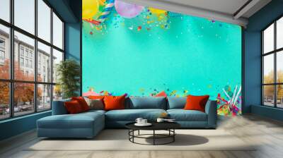 Decoration party. Frame of balloons and various party decorations top view Wall mural