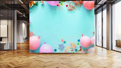 Flat lay frame of decoration party on pastel blue background top view Wall mural