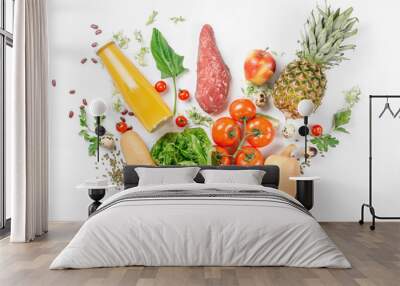 Full paper bag of healthy food on white background Wall mural