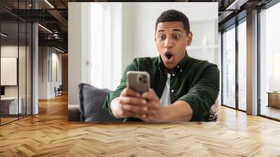 Happy excited African American man holding a mobile phone in his hands, looking at the screen with a surprised face, young male reading good news sitting at home on the couch Wall mural